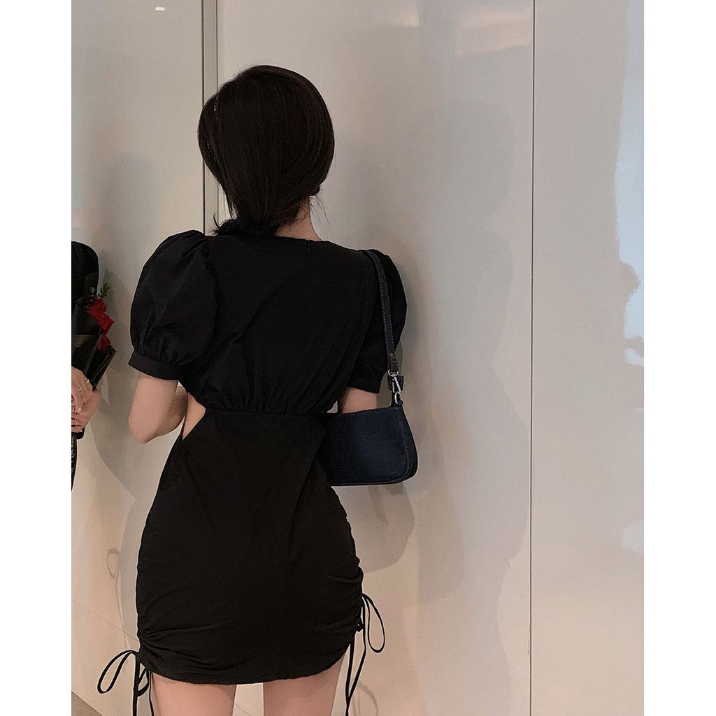 Váy nữ ôm sát trắng dây rút hông cổ tròn tay bồng khoét hai bên eo nữ tính gợi cảm