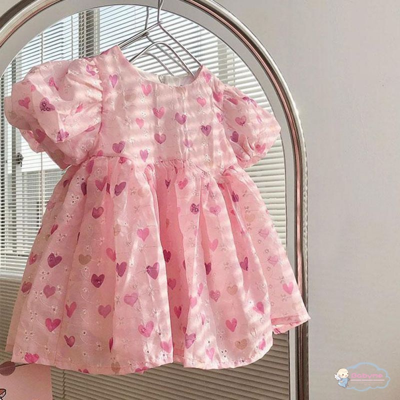Đầm Công Chúa Tay Phồng In Họa Tiết Trái Tim Dễ Thương Cho Bé Gái