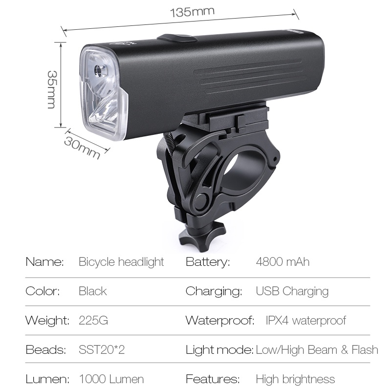 Đèn Pin Xe Đạp GIYO 1000 Lumens 4800mAh Chống Nước Có Thể Sạc Lại Bằng Cổng USB