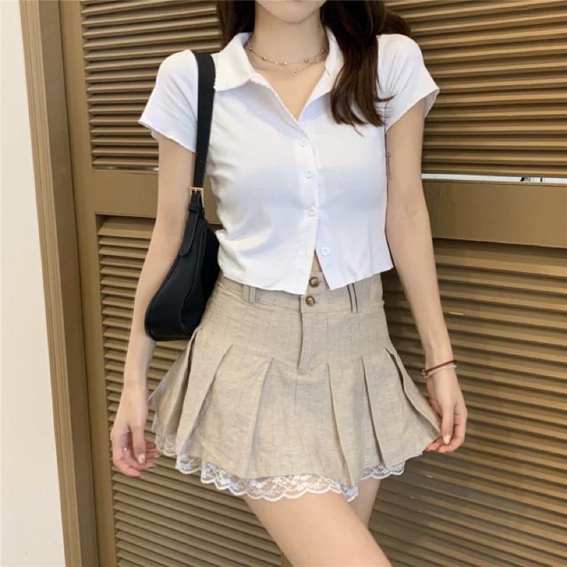 FREESHIP- SET ÁO POLO CROTOP TRẮNG+ CHÂN VÁY TENNIS XOÈ ULLAZANG
