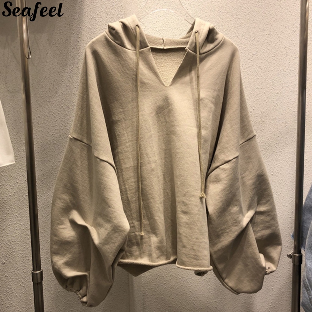 Áo hoodie cánh dơi mềm mại cổ chữ V thời trang đường phố cho nữ