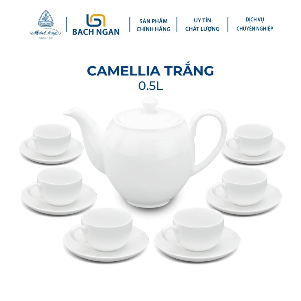 Bộ Ấm Trà Gốm Sứ Cao Cấp Minh Long 0.5 L - Camellia - Trắng hàng đẹp, sang trọng đãi khách, quà tặng - 6 tách