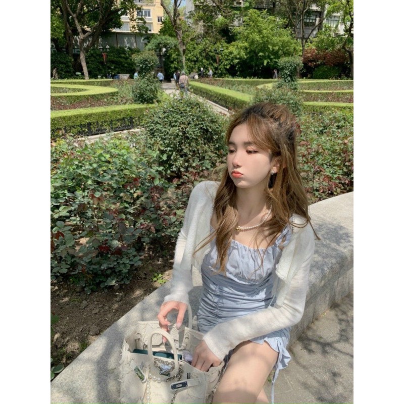 [Mã SKAMSALEP6 giảm 10% tối đa 100K đơn 150K] Set đầm xanh 2 dây nhún thân lai bèo kèm áo khoác trắng | BigBuy360 - bigbuy360.vn