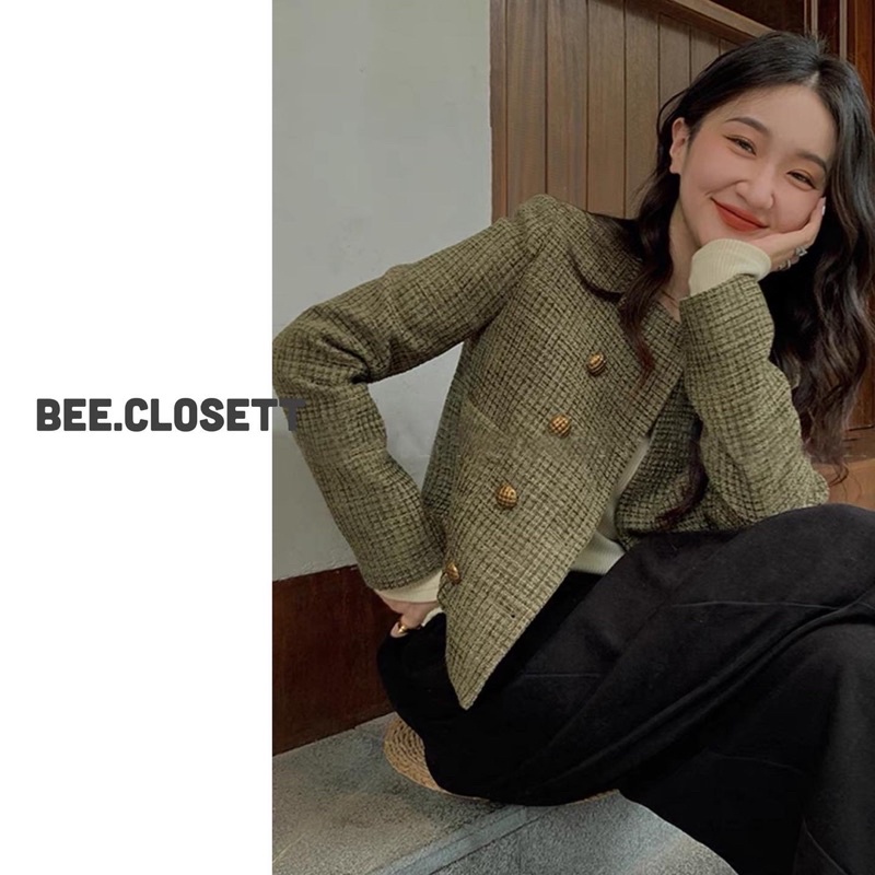 Áo dạ tweed đính cúc sang chảnh màu xanh rêu