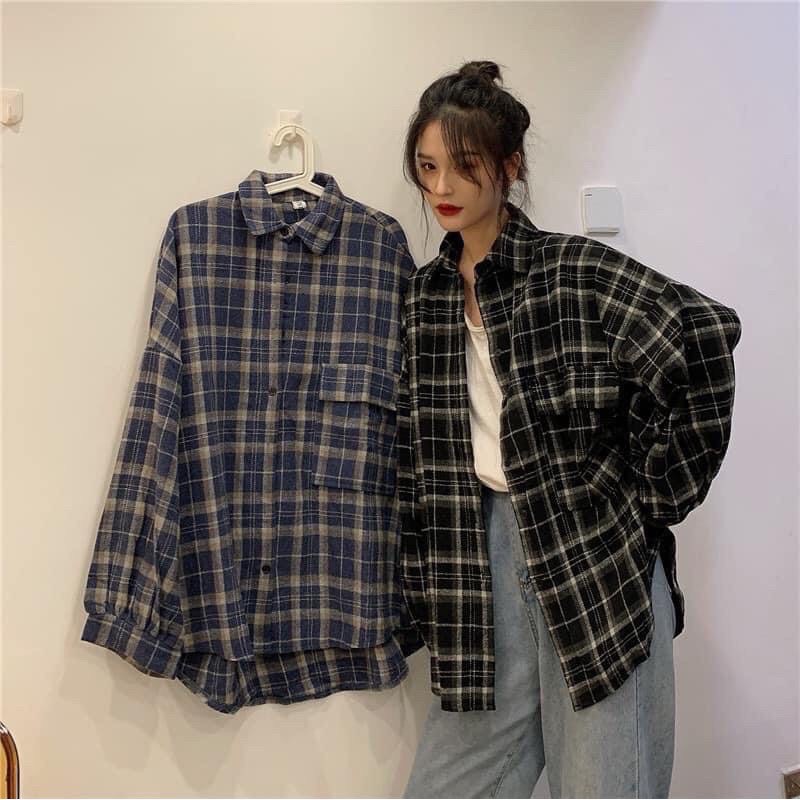 ÁO SƠ MI KẺ OVERSIZE TAY ĐÈN LỒNG NHIỀU MÀU - Áo Khoác Somi Caro dài tay phồng form rộng ulzzang