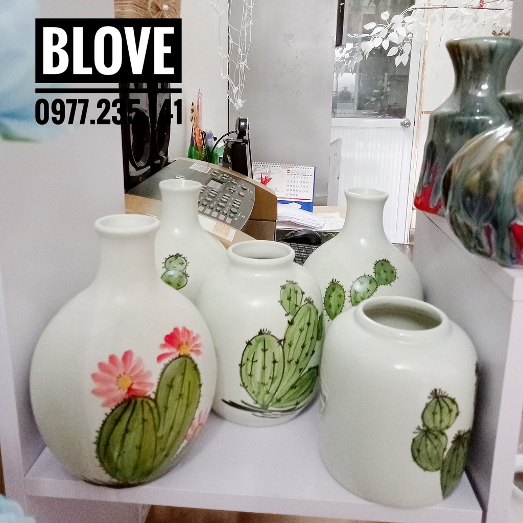 Quà tặng bạn gái, Bình hoa vẽ tay thủ công hình xương rồng,Gốm sứ bát tràng cao cấp,Trang trí nhà cửa,decor
