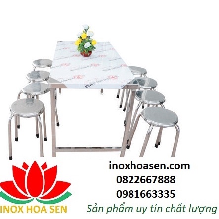 Bộ bàn ghế inox 6 ghế và 1 bàn, bàn inox chữ nhật, ghế inox tròn