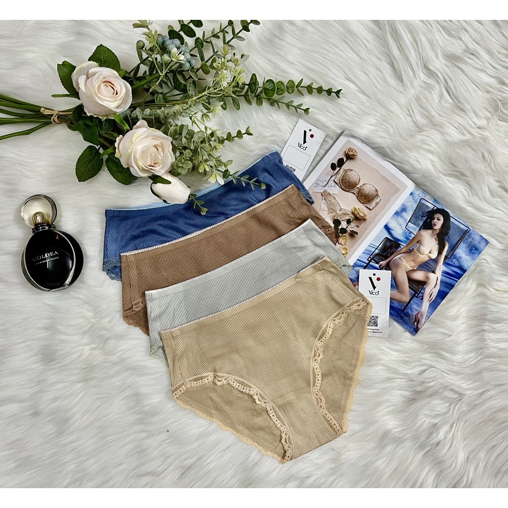 Quần lót nữ thun tăm cotton viền ren, không đường may Vicci 014 siêu kháng khuẩn, khử mùi