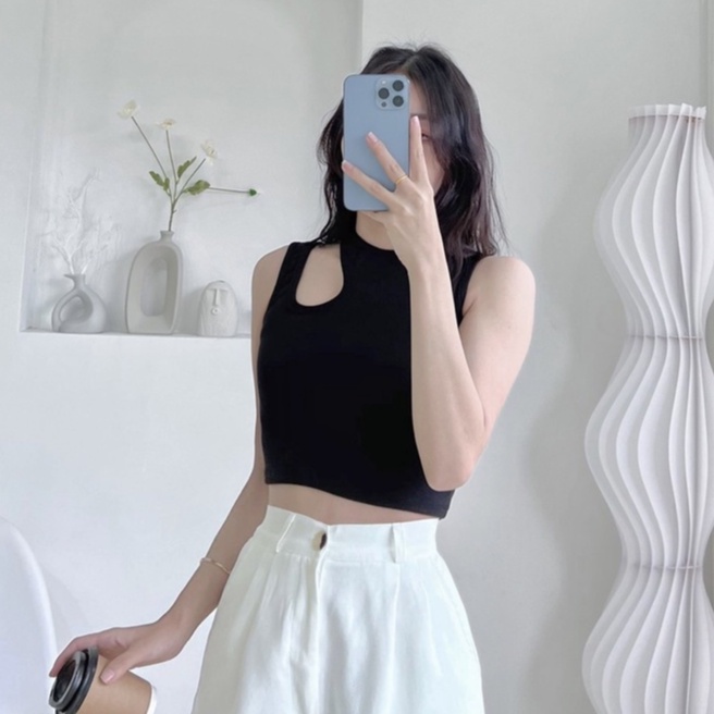 Áo croptop sát nách khoét vai ADO, chất thun gân co giãn cao cấp xinh xắn (mã CR1601)