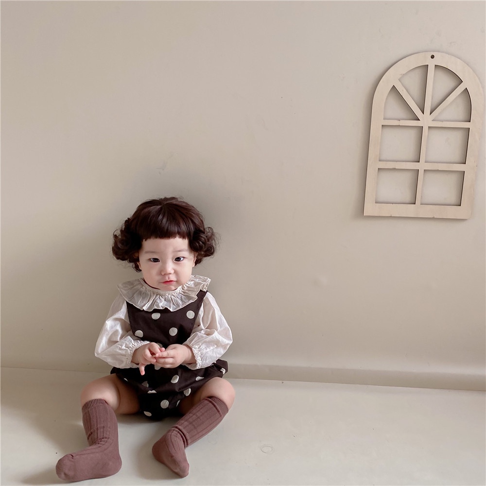 Bộ Váy Yếm Sơ Mi Tặng Kèm Mũ Chấm Bi Cho Bé Gái 5-15kg