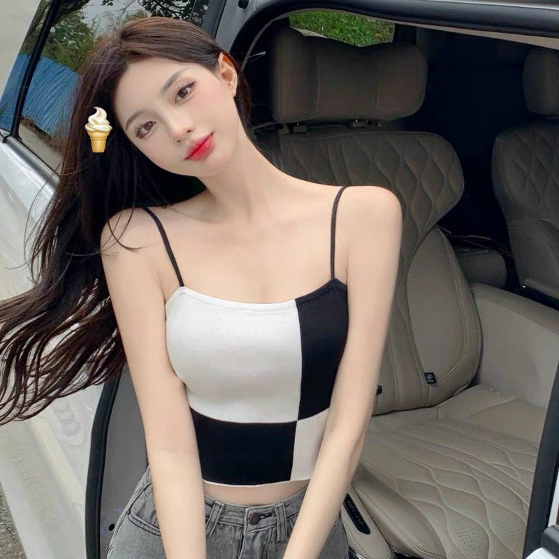 áo 2 dây phối màu vuông đen trắng chất bozip