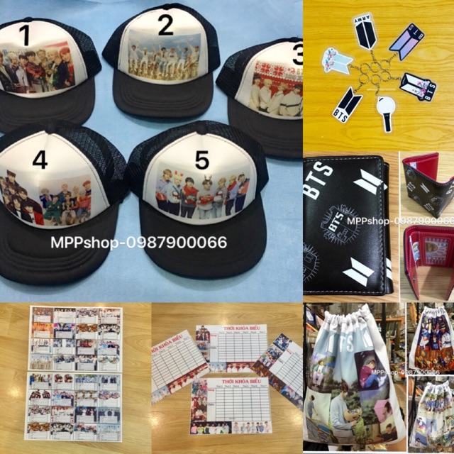 Combo BTS gồm : 1 mũ ,1 móc khoá , 1 ví , 1 bảng nhãn vở 16c,1 thời khoá biểu , 1 ba lô rút