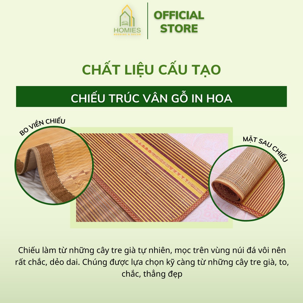 Chiếu trúc vân gỗ HOMIES mặt sau lót lụa in hoa, loại dày đẹp cho mùa hè mát lạnh - nhiều kích thước