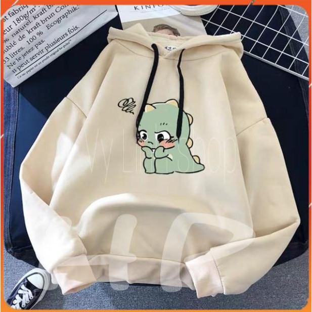 Áo hoodie nữ ✪FREESHIP ✪ áo nỉ bông in hình khủng long má hồng dày ấm 3 màu đen trắng da