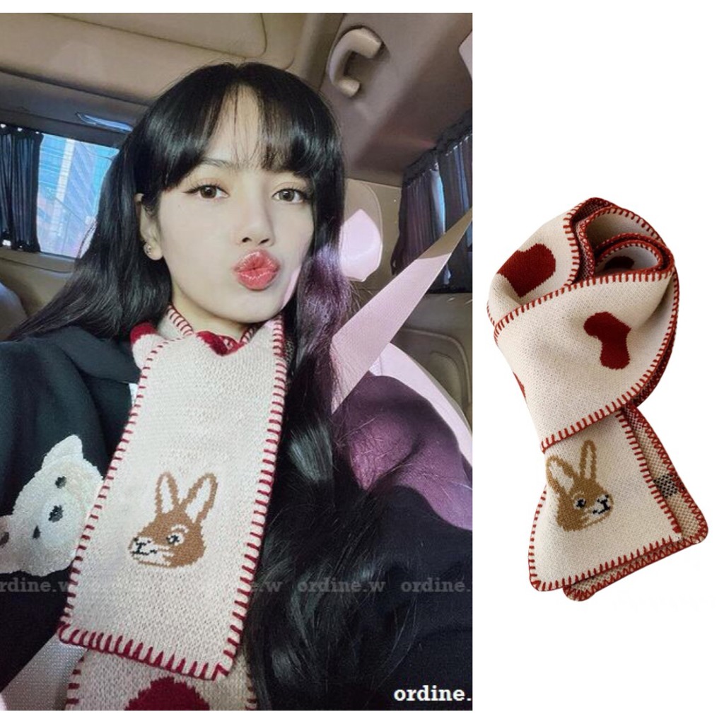 Khăn quàng cổ dệt kim giữ ấm mùa đông in hình trái tim & thỏ Lisa BLACKPINK đáng yêu