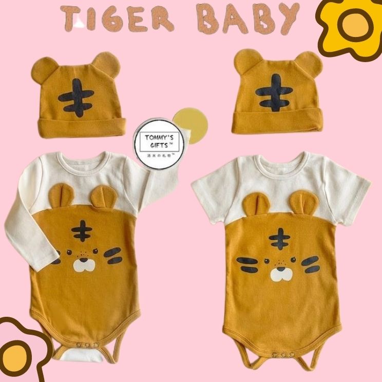 Combo 2 bộ body suit tay cộc hình trâu và hổ ngộ nghĩnh cho bé chất 100% cotton size 3-12kg TE20