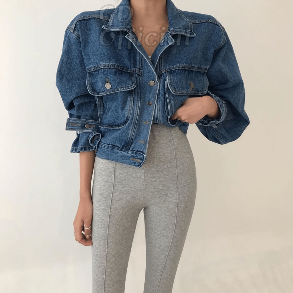 K100|Áo khoác jeans nữ dáng ngắn croptop cá tính màu xanh denim GD Official