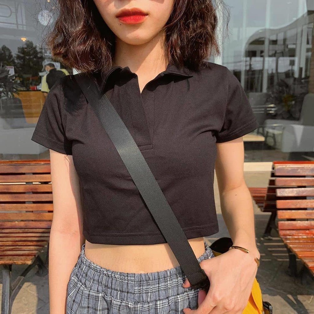 Áo croptop cổ bẻ AC chất bozip cotton co dãn mạnh, chất vải dầy dặn mát, 2 màu Đen, Trắng dễ phối đồ