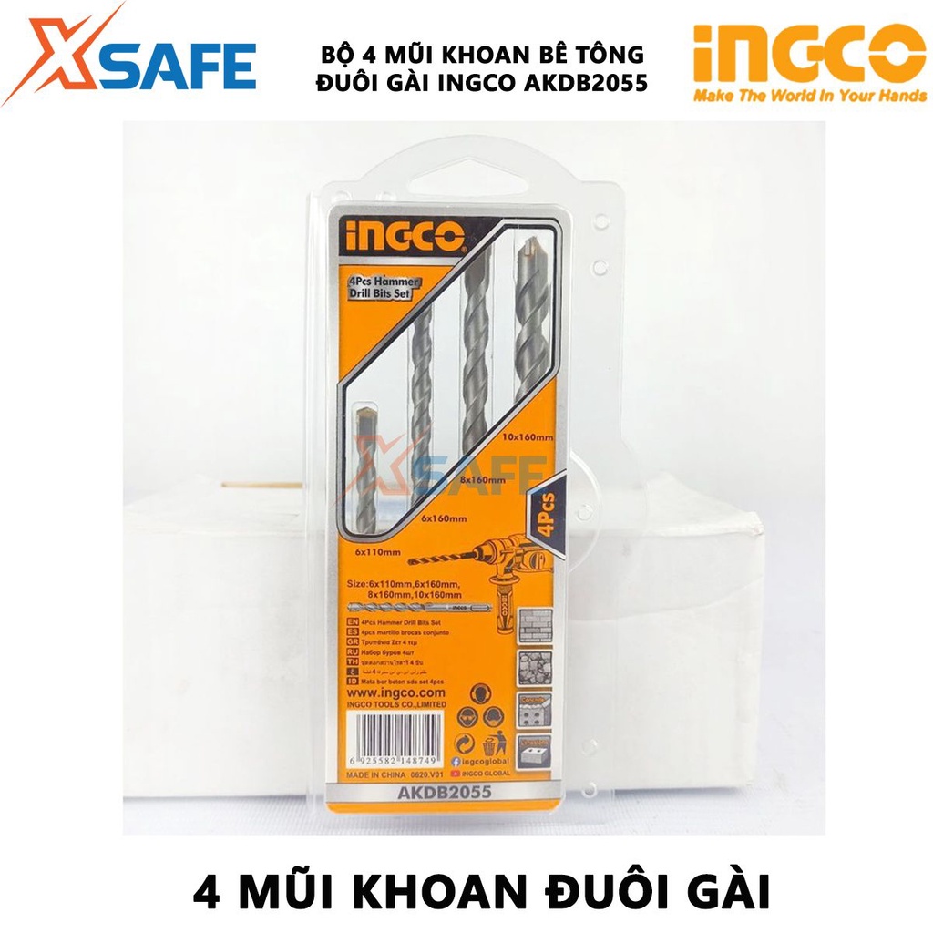 Bộ 4 mũi khoan bê tông đuôi gài INGCO AKDB2055 Bộ mũi khoan 4 chi tiết, đóng gói vỉ nhựa chắc chắn