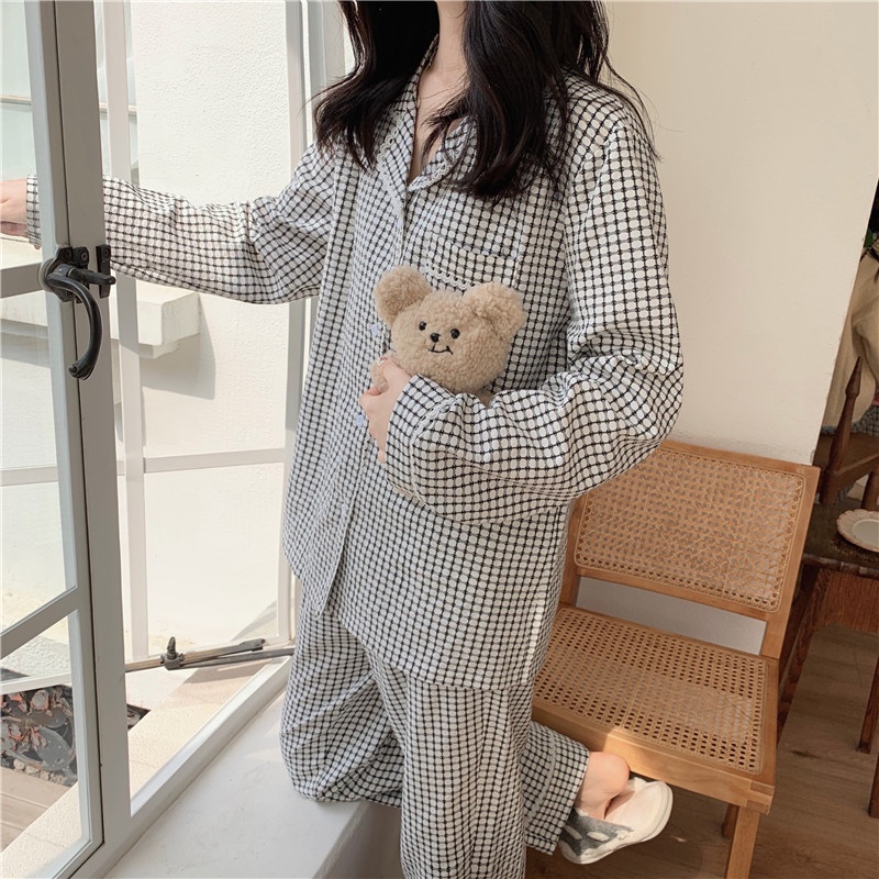 BN2_Bộ Ngủ pijama, đồ mặc nhà dài tay kẻ caro đỏ phối ren | Hàng quảng châu cao cấp