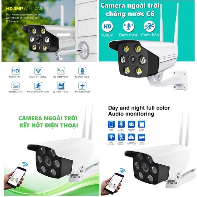 Camera Wifi, Camera C6 Cao Cấp, Chuẩn IP65 Chống Nước, Đèn LED Hình Ảnh Sáng, Siêu Nét - Bảo Hành 1 đổi 1