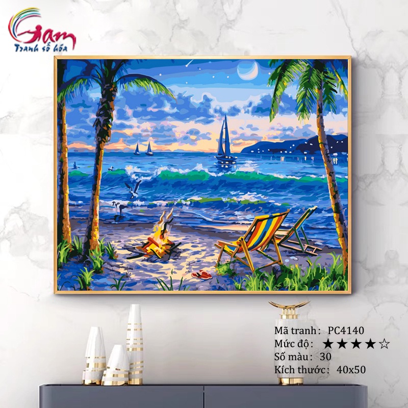 Tranh sơn dầu số hoá phong cảnh bờ biển đêm trăng GAM có căng khung 40x50cm PC4140