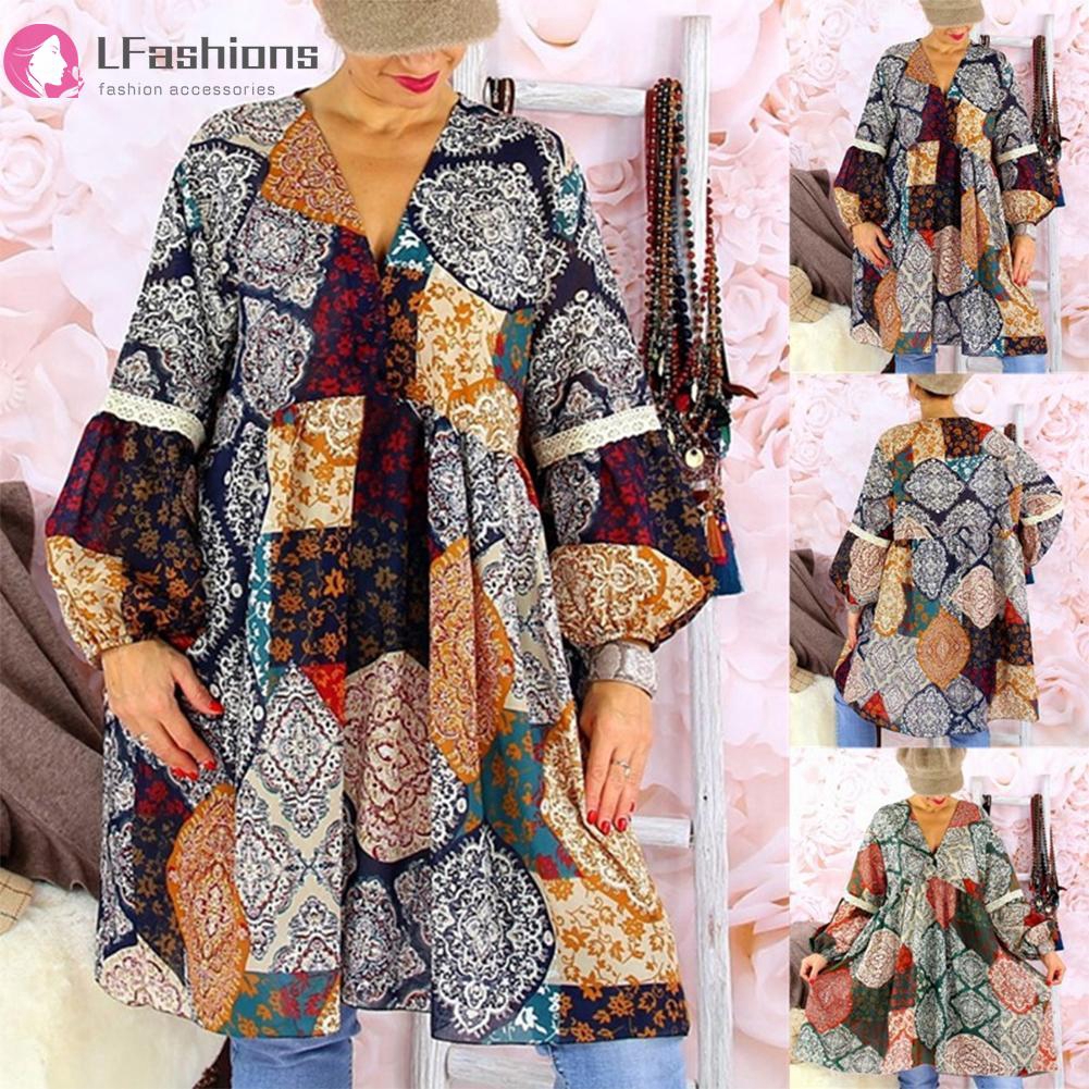 Autumn Women V-neck Bohemia Print Dress Lantern Sleeve Loose Long Section Tops | BigBuy360 - bigbuy360.vn