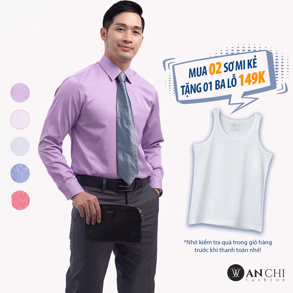 Áo Sơ Mi Nam Dài Tay Trung Niên ANCHI Hoạ Tiết Kẻ Tím Vải Sợi Tre Cao Cấp