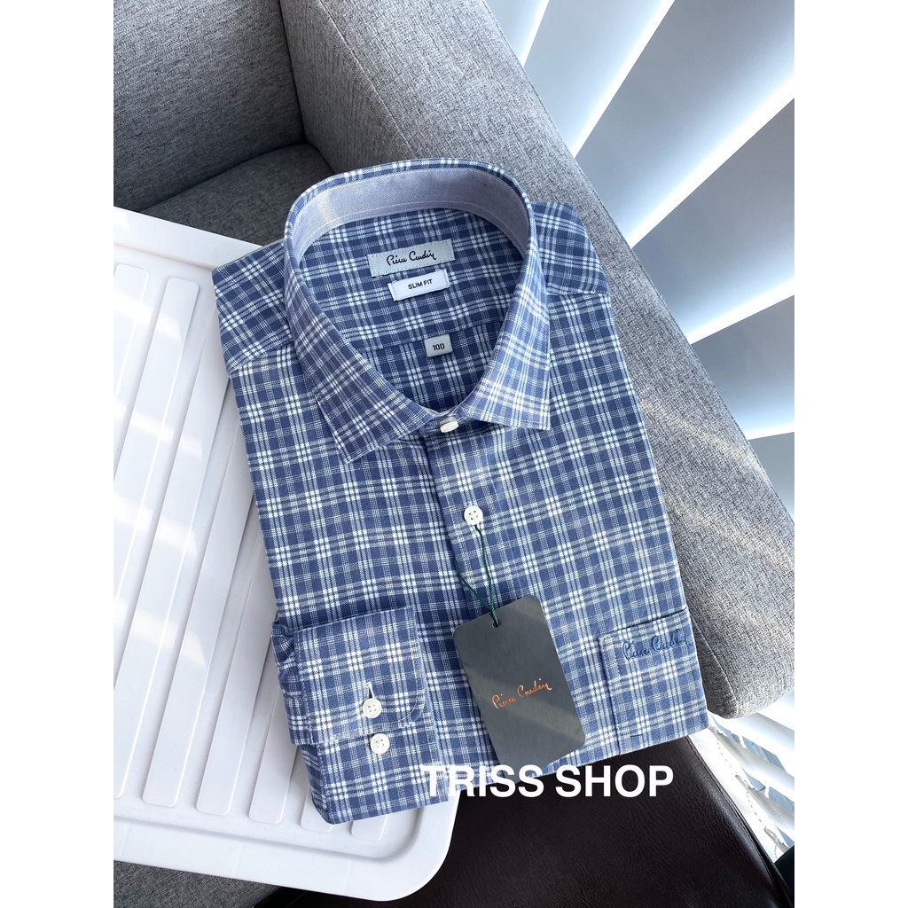 Áo sơ mi nam dài tay Pierre Cardin 11 xuất Hàn họa tiết caro cao cấp chất cotton thấm hút mồ hôi tốt mềm mại form slim