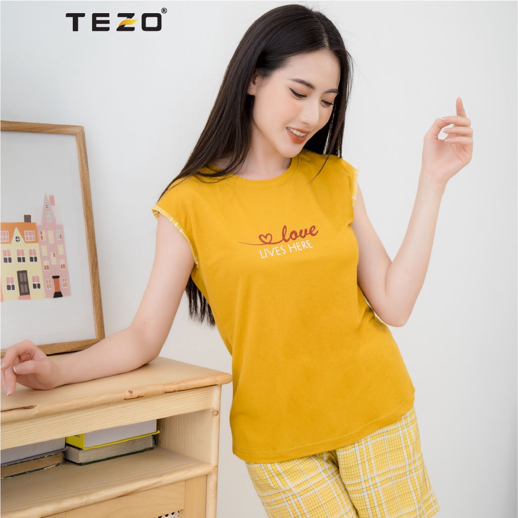 Bộ đồ nữ đùi tách lẻ sát nách in hoạ tiết Tezo mặc ở nhà năng động thoải mái 2202AOBK02