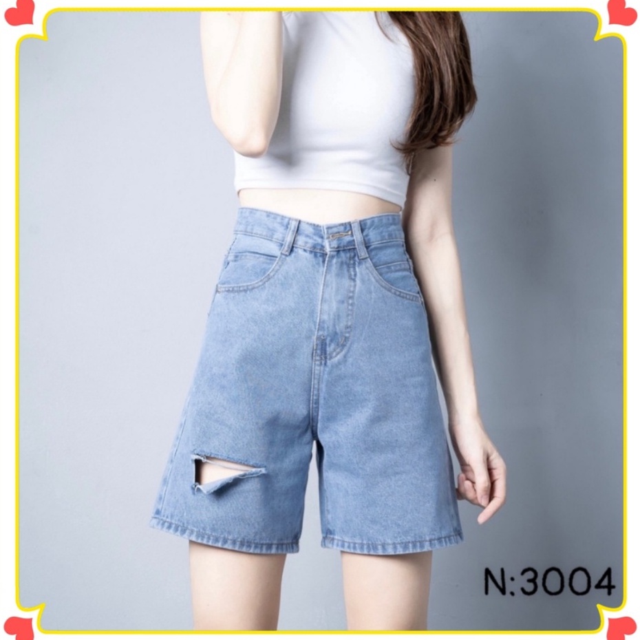 Quần short jean ống rộng, Quần bò lửng rách nhẹ kiểu màu xanh nhạt