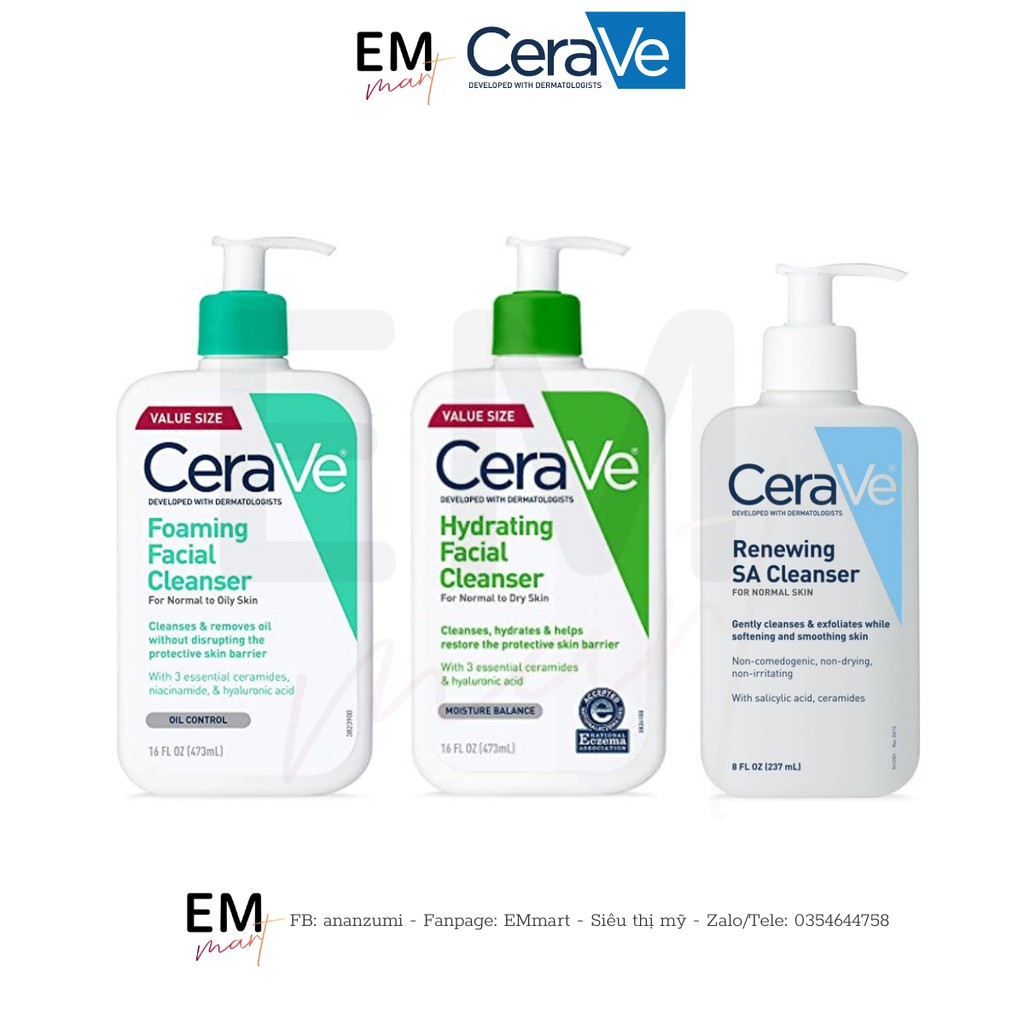 [Bản Mỹ và Pháp] Sữa rửa mặt Cerave Foaming Cleanser, Cerave Hydrating Facial Cleanser, Cerave SA Smoothing Cleanser