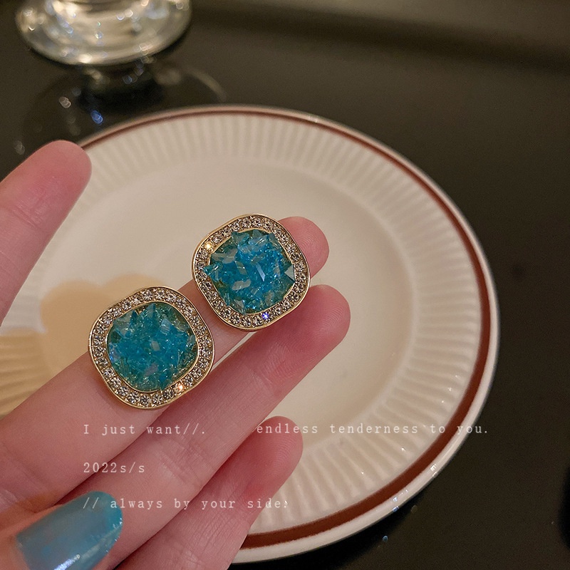 Bông Tai Mạ Bạc 2022 Đính Đá Zircon Hình Vuông Màu Xanh Dương