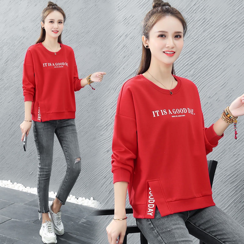 Áo thun tay dài cổ tròn dáng rộng thời trang mùa thu cho phụ nữ trung niên