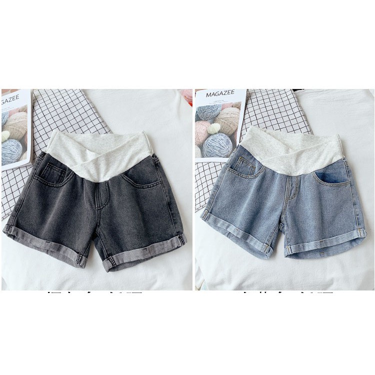 Quần sooc jean Bầu cạp chéo.Quần Short Jean Ngắn, Eo Co Giãn Thoải Mái Có Thể Điều Chỉnh Phong Cách Hàn Quốc