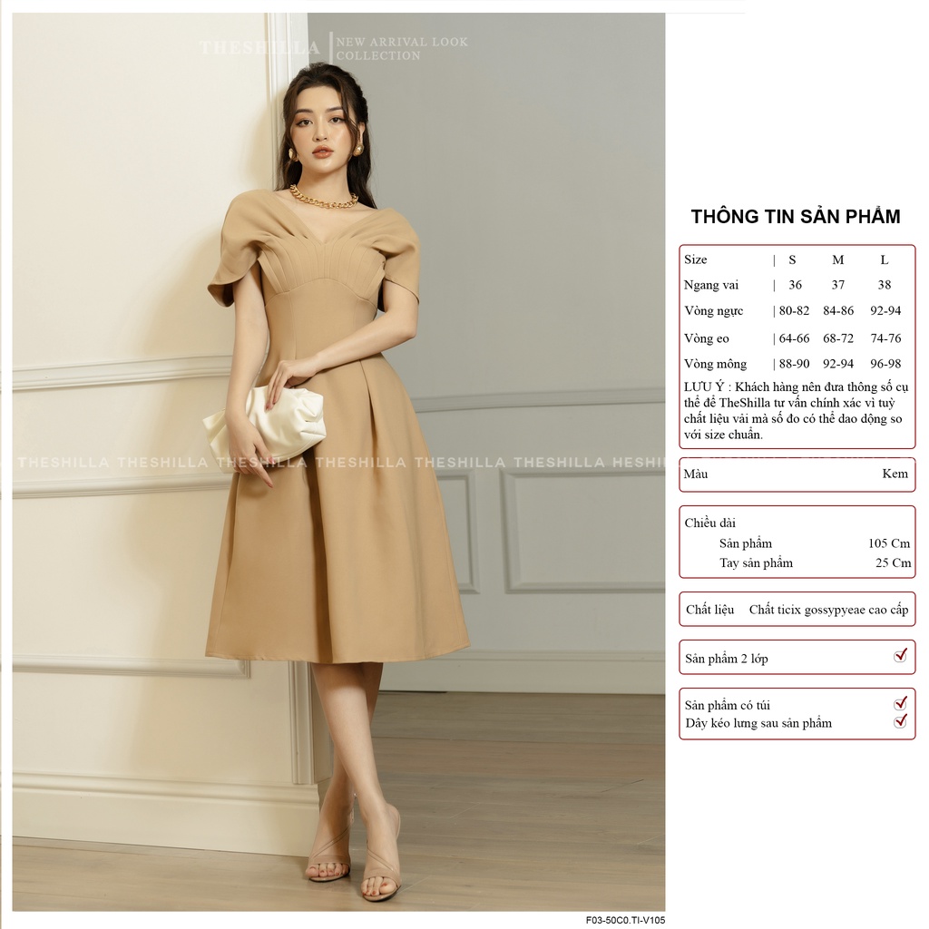 Váy thiết kế cao cấp màu  kem tay cánh dơi chiết eo form xòe  [ Có video + Ảnh thật ] The Shilla - F03-50B9