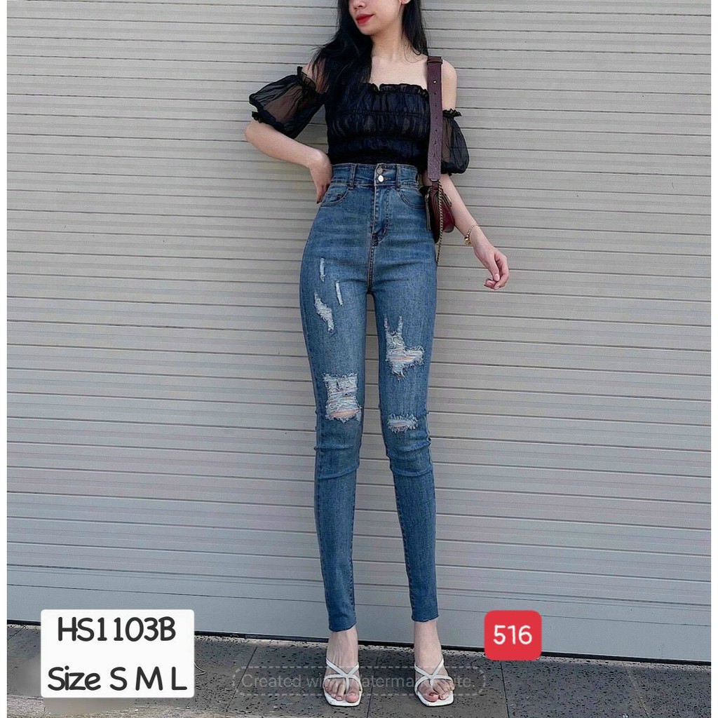 Quần jean Nữ Mẫu Mới ❤️FREESHIP❤️ Quần Bò Nữ Xanh Phối Rách Lưng Cao Tôn Dáng 2 Nút Chuẩn Skinny Có size đại - Mã 516