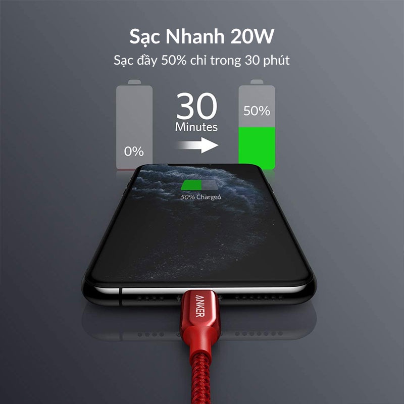 Dây Cáp Sạc Nhanh iPhone PD 20W ANKER PowerLine+ III - A8843, MFI Certification, Dây Dài 1.8m, Bện Nylon, Chống Gãy Cáp