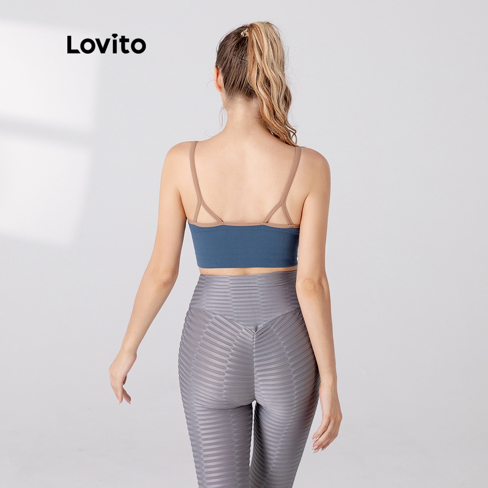 Yoga dây kéo tương phản hai mảnh Lovito áo ngực L05220 (Xám / Xanh dương)
