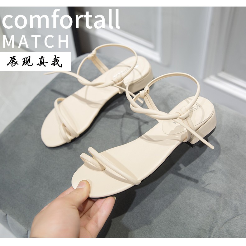 Hàng Quảng Châu - Sandal xỏ ngón quai mảnh da mềm, dây tự buộc độc đáo, đế cao 3cm, 2 màu Đen + Kem - Mã S09