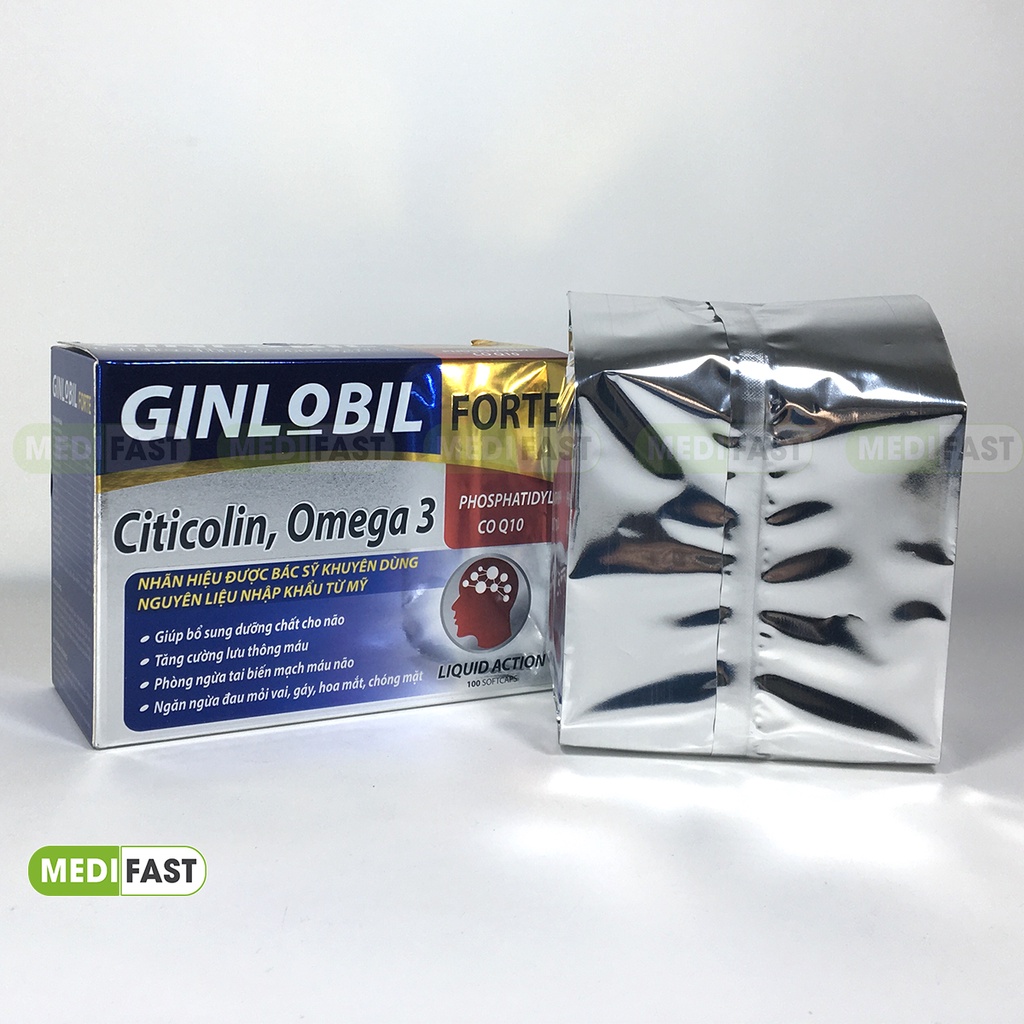 Tăng cường lưu thông máu não GINLOBIL FORTE Hộp 100v - Viên uống bổ sung dưỡng chất cho não chứa Citicolin, Omega 3