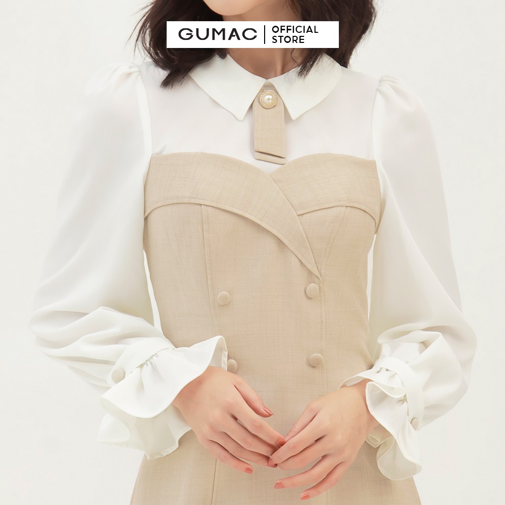 [Mã MABR07062 giảm 8% tối đa 50K đơn từ 249K] Đầm nữ ôm tay dài phối nút GUMAC màu be, đủ size, DB3108 | BigBuy360 - bigbuy360.vn