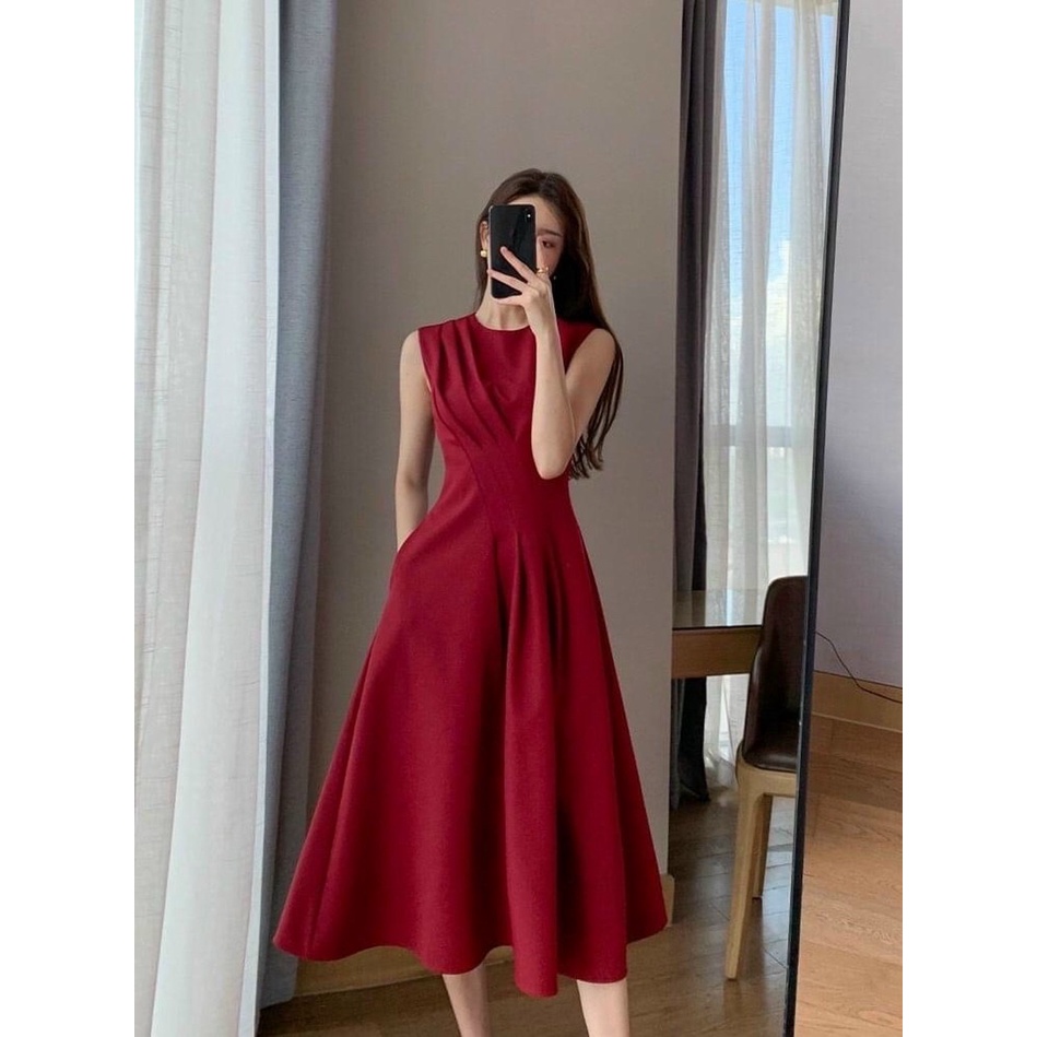 Đầm váy freesize đỏ cổ tròn xếp li xéo