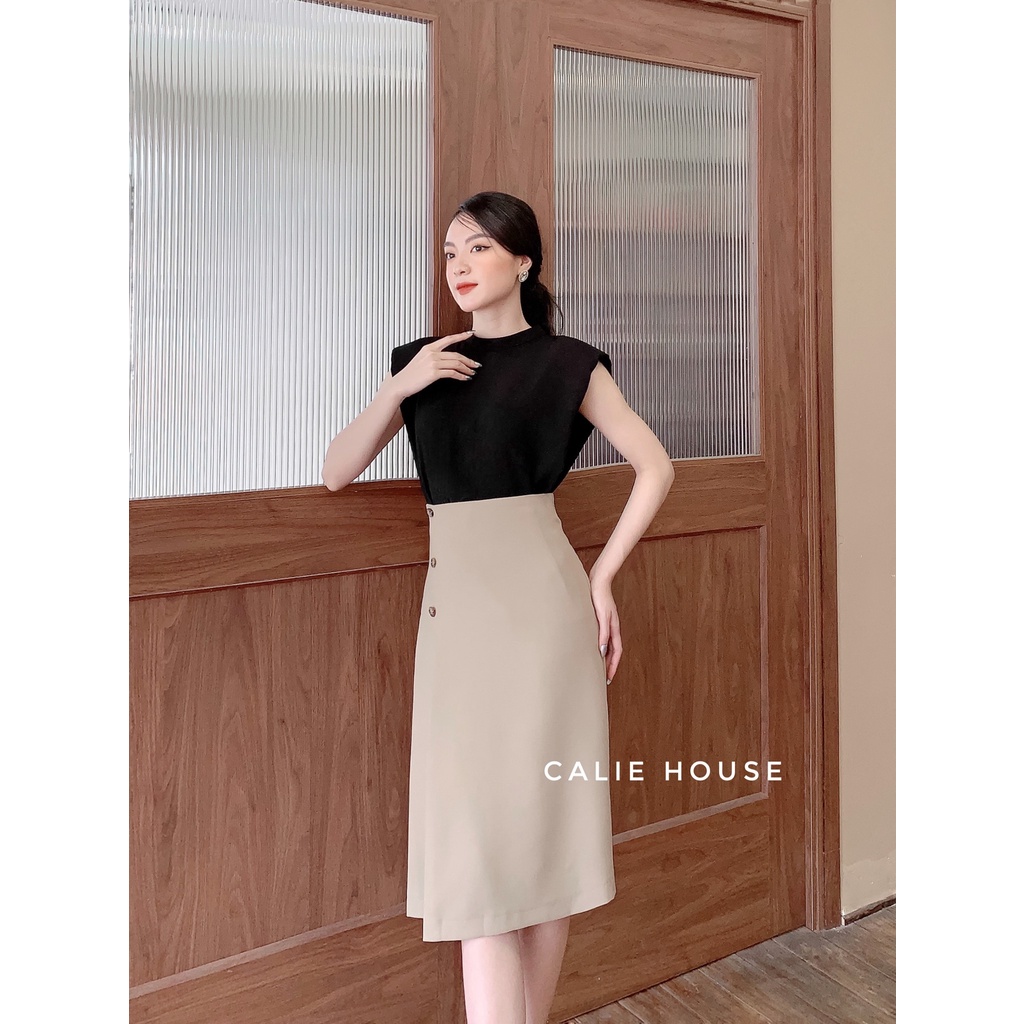 Chân Váy dáng dài nữ dáng A xếp ly lệch đính cúc gỗ thanh lịch  thời trang công sở Calie House CV7
