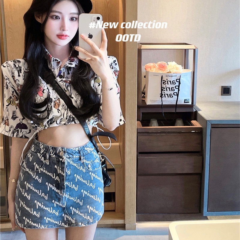 Chân Váy Denim Lưng Cao In Chữ Thời Trang Mùa Hè Mới Cho Nữ