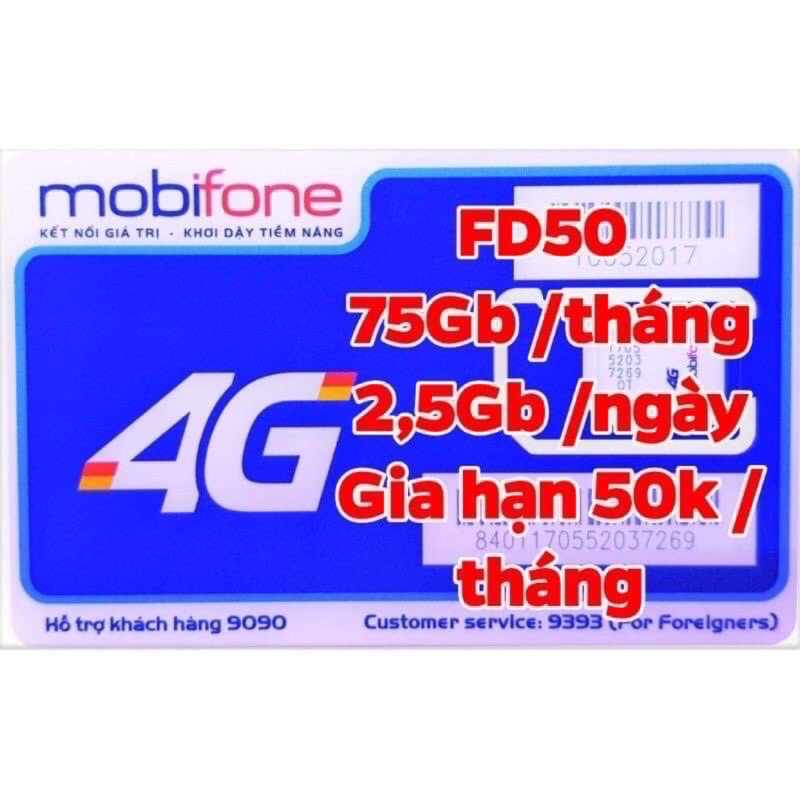 Sim 4G Mobifone FD50-Chia Sẻ-75GB/tháng-Gia hạn 50k/tháng