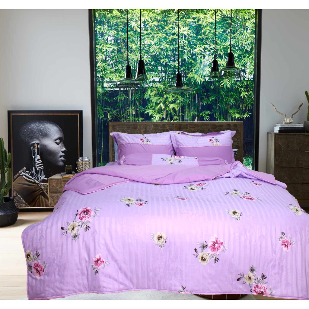 Bộ chăn ga gối ra giường satin gấm tơ tằm màu tím phối hoa Hàn Quốc Julia 759