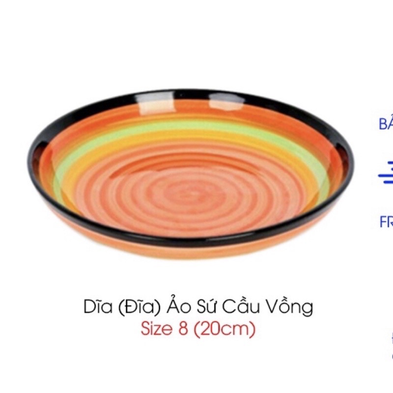 Bộ 2 Đĩa Sứ Hoạ Tiết Cầu Vồng 20cm, 23cm - Dĩa Sâu Lòng Tráng Men Cao Cấp - Dĩa Đựng Thức Ăn Trái Cây