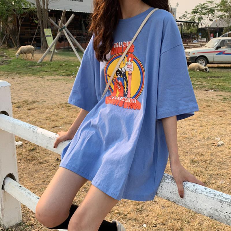 100% Cotton Short Sleeve T-shirt Women 2021 Summer New Student Korean Loose Blue Half Sleeve Top ins Tide "Delivered within 10 Days"