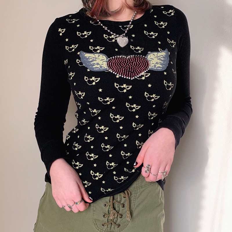 Hn Áo Thun Tay Dài Họa Tiết Trái Tim Đính Đá Thời Trang Cho Nữ